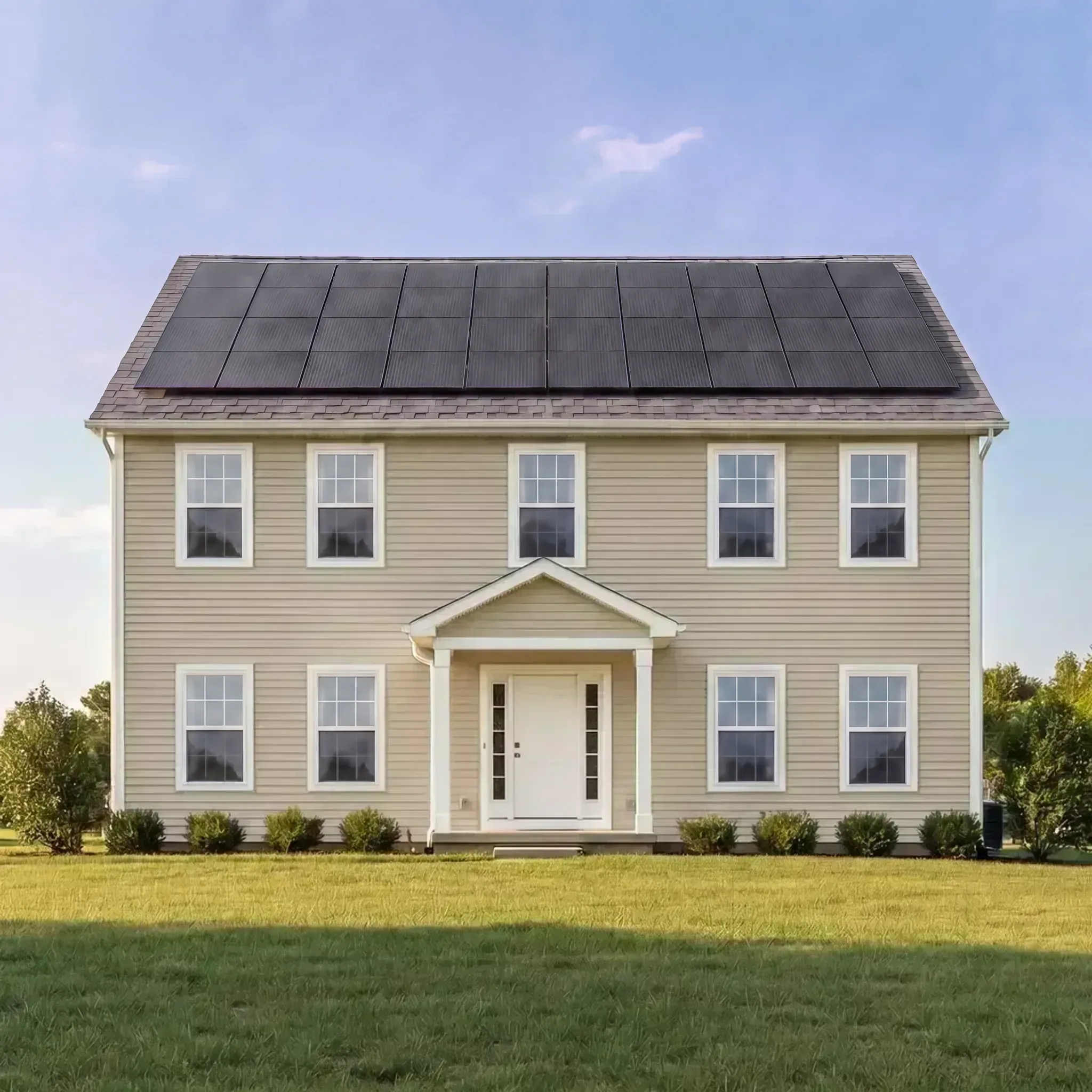 Sample home with Sandstone siding and White windows and trim
